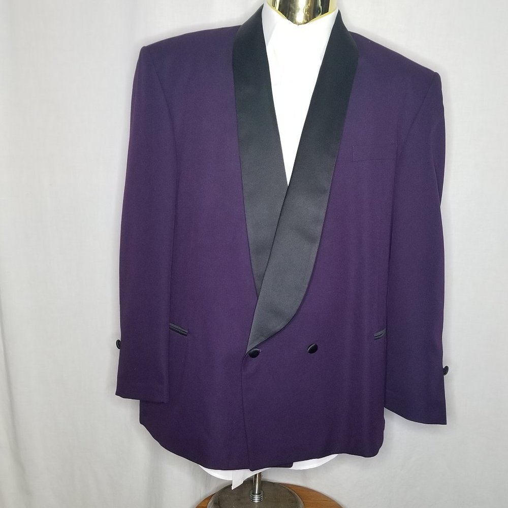 Mens Purple Tuxedo Jacket Two Button Black Satin Shawl Lapel Wedding Prom Cruise